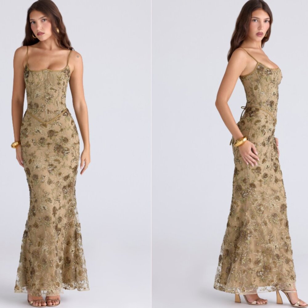 House of CB Naima Olive Bronze Hand Beaded Embellished Corset Maxi Dress NWOT - Picture 4 of 13